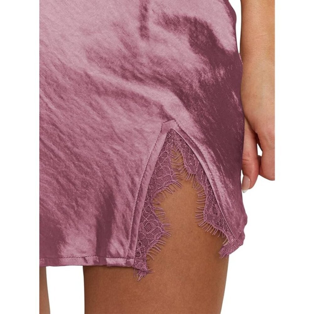 LYANER Satin Lace Trim Split Slit Hem Zipper High Wasit Mini Short Skirt, Size S - Picture 3 of 13